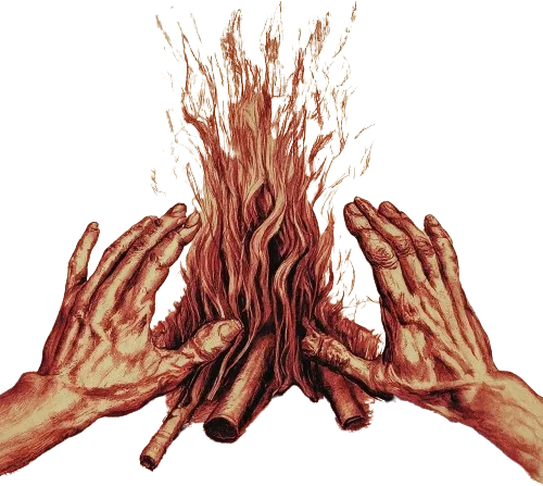 A drawing of a person laying his hands into a campfire.