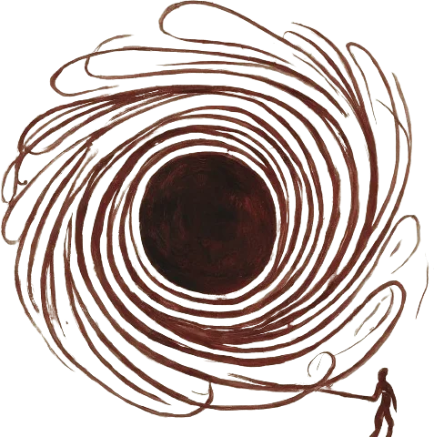 A drawing of a black hole sucking a person.