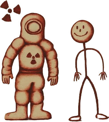 A drawing of a person wearing PPE near a normal person.