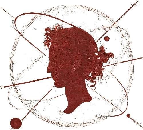 A drawing of a celestial objects orbiting a woman.