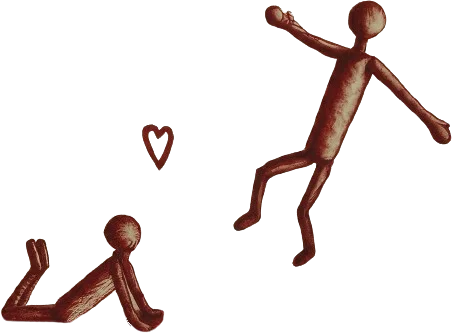 A drawing of a person falling for another person, with a heart emoji near them.